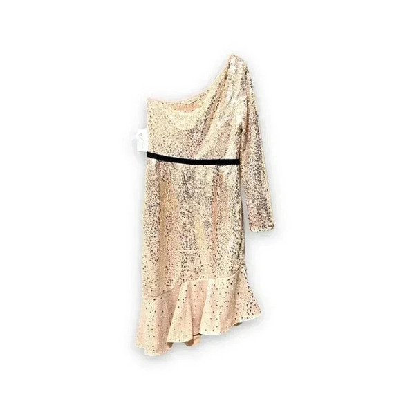 NWT Marchesa Notte Gold Sequin Ruffle Asymmetric One Shoulder Cocktail Dress 6 - Picture 4 of 9